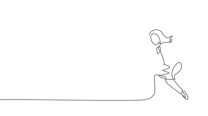 Poster - Self drawing animation of single continuous line draw young beauty businesswoman running fast to reach the finish line. Professional worker. Minimalism concept one line draw. Full length animated.