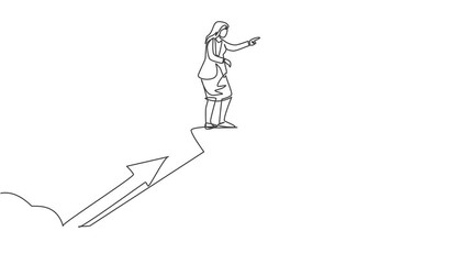 Poster - Self drawing animation of single one line draw young smart businesswoman ride arrow up symbol and fly through the cloud. Business growth minimal concept. Continuous line draw. Full length animated.