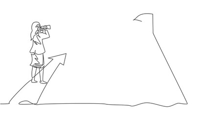 Poster - Self drawing animation of single one line draw young smart businesswoman looking goal target at top of the mount. Business finance vision minimal concept. Continuous line draw. Full length animated.