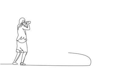 Poster - Self drawing animation of single one line draw young smart businesswoman monitoring sales growth with binocular. Business finance growth minimal concept. Continuous line draw. Full length animated.