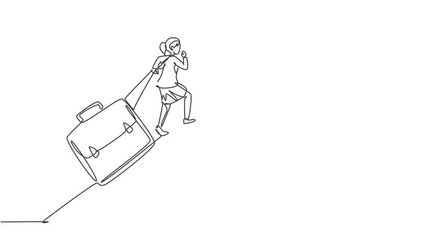 Poster - Self drawing animation of single continuous line draw young beauty businesswoman pulling giant leather briefcase arrow up. Professional worker. Minimalism concept one line draw. Full length animated.