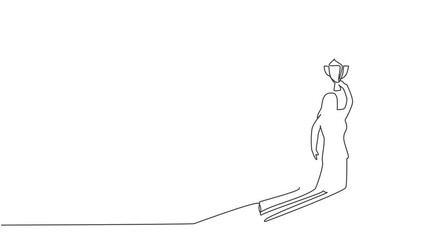 Poster - Animated self drawing of continuous one line draw shadow of young female entrepreneur lifting the trophy reflected on the wall. Success manager minimalist concept. Full length single line animation.