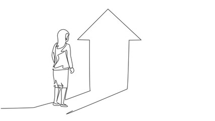 Poster - Animated self drawing of single continuous line draw young beauty businesswoman facing her muscular shadow on arrow light. Professional worker. Minimalism concept. Full length one line animated.