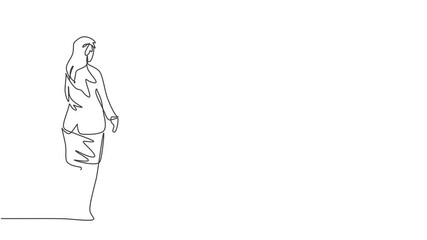 Poster - Animated self drawing of single continuous line draw young beauty businesswoman pose standing and looking back to wall. Professional worker. Minimalism concept. Full length one line animation.