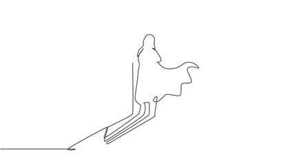 Poster - Self drawing animation of single one line draw female superhero shadow on the wall with arrow up direction symbol. Business finance growth minimal concept. Continuous line draw. Full length animated.