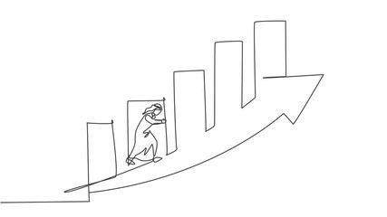 Poster - self drawing animation of single one line draw young arabic businessman running climb the arrow grap