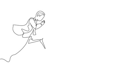 Poster - Self drawing animation of single one line draw young smart businessman with suit running and jumping. Business financial market growth minimal concept. Continuous line draw. Full length animated.