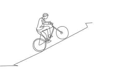 Poster - Animated self drawing of continuous one line draw young male worker climb the arrow sign up riding bicycle. Success business manager work ethic minimalist concept. Full length single line animation.