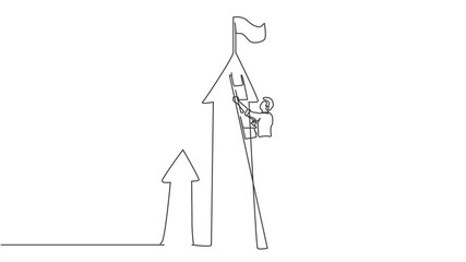 Poster - Animated self drawing of continuous one line draw young male worker climbing stairs up to reach business goal target. Success business manager minimalist concept. Full length single line animation.
