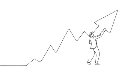 Poster - Animated self drawing of continuous one line draw young male worker mark the sales increase up at the report graph. Success business manager minimalist concept. Full length single line animation.
