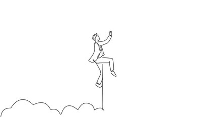 Poster - Self drawing animation of single one line draw young business man holding the flying up arrow sign through the cloud. Business market growth minimal concept. Continuous line draw. Full length animated