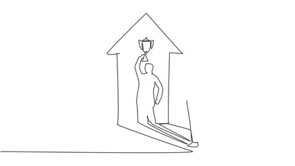 Poster - Self drawing animation of single one line draw young smart business man facing lifting trophy shadow. Business financial market growth minimal concept. Continuous line draw. Full length animated.