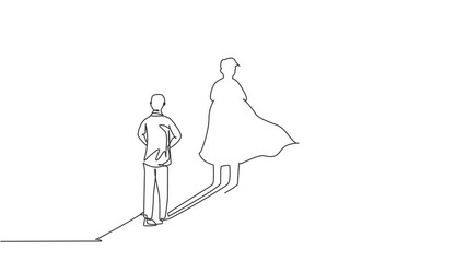Poster - Animated self drawing of continuous one line draw young businessman facing superhero on up arrow shadow. Successful business manager minimalist concept. Full length single line animation illustration.