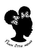 Black Afro African American Little Girl Vector Portrait Profile Head Face Silhouette,natural Waves Hair Puffs Ponytails Mouse Hairstyle,white Bow.Laser Plotter Cutting.T Shirt Print. Sticker. DIY
