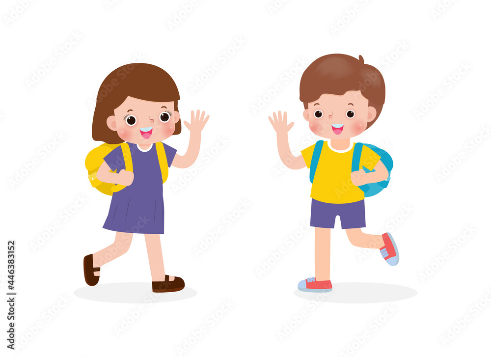 asian kid with backpack cartoon Vector de Stock asian children with the backpack saying goodbye to  schoolmates Cartoon characters Boy and Girl school kids going to school  isolated on white background vector illustration