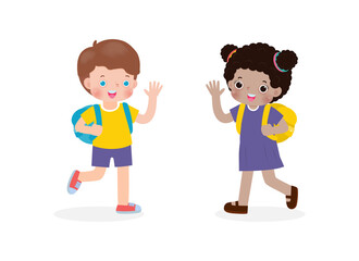 African American children with the backpack saying goodbye to caucasian kids Cartoon characters Boy and Girl school kids going to school isolated on white background vector illustration