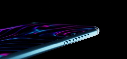 Poster - Smartphone with neon screen perspective angle view. Cellphone mock up with abstract gradient waves on display isolated on black background. Realistic 3d illustration mobile device, ad promo banner