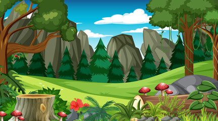 Forest scene with various forest trees and cliff background