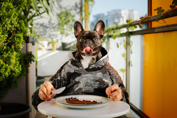 Wall Mural - French bulldog eating from plate