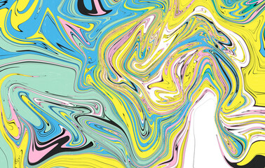 Poster - Abstract wavy vibrant facture. Splashed liquid paints. Psychedelic trippy effect. Distortion. Creative graphic design. Colorful artistic illustration. Digital art. Wallpapers for desktop.