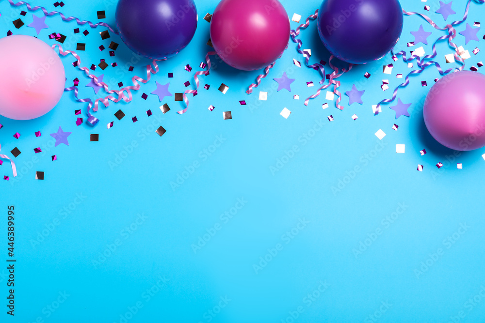 Many balloons and confetti on light blue background, flat lay with space for text. Birthday decor - obrazy, fototapety, plakaty 