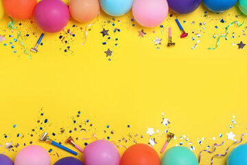 Poster - Flat lay composition with birthday decor on yellow background, space for text