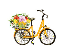 Yellow Bicycle And Flowers Bouquet In Basket. Watercolor