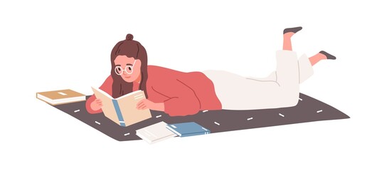 Poster - Young woman lying and reading books at home. Student studying and preparing for exam with textbooks. Female reader with literature. Flat vector illustration of bookworm isolated on white background