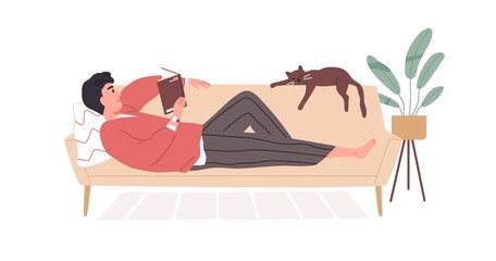 Aufkleber - Young man resting on sofa and reading book. Relaxed person with novel in hands, lying on couch at cozy home. Bookworm spend time with literature. Flat vector illustration isolated on white background