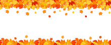 Panoramic Autumn Frame Of Orange And Red Falling Leaves.