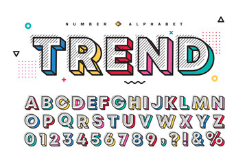 3d multicolor memphis alphabet number set. vector decorative pattern typography. modern stylish font