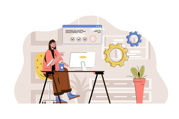 Poster - Coworking center concept. Woman working at computer in open office situation. Coworker or freelancer workplace people scene. Vector illustration with flat character design for website and mobile site