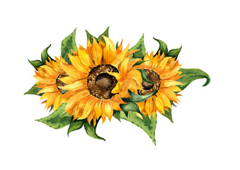 Watercolor illustration of a wreath of sunflower flowers and leaves. Beautiful bouquet of sunflowers. Floral frame, border for postcards. Botanical painting isolated on white background. Drawn by hand