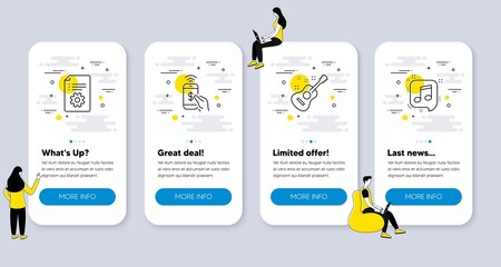 Aufkleber - Set of Education icons, such as Guitar, Technical documentation, Phone payment icons. UI phone app screens with people. Musical note line symbols. Acoustic instrument, Manual, Mobile pay. Vector