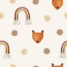Watercolor Seamless Pattern Polka Dot Brown Beige, Rainbow And Toy Fox. Hand Drawn Clipart.