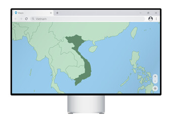 Wall Mural - Computer monitor with map of Vietnam in browser, search for the country of Vietnam on the web mapping program.