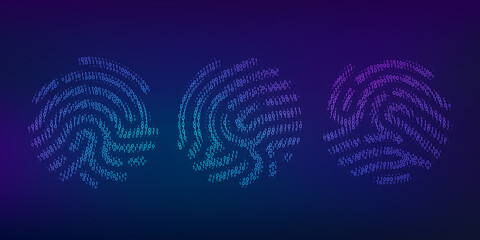 Leinwandbilder - Set of binary code fingerprint. Biometric id. Digital key for software identification. Fingerprint scanner in futuristic technology system. Vector