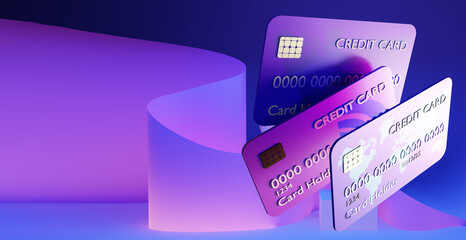 Purple background with credit cards. Credit card layouts on the podium. Bank cards as a symbol of lending. Bank lending. Background with space for text. Lilac collage in magazine style. 3d rendering.