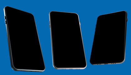 Poster - Realistic smartphone mockup. Three phones with a blank display. Layout of modern gadgets. Three cell phones on a blue background. Mobile phones at different angles. Place for the text. 3d image.