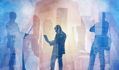 Poster - Business background with skyscrapers and silhouettes of people. Silhouettes of business people in abstract city. Men with laptops and briefcase. Network and internet communication.