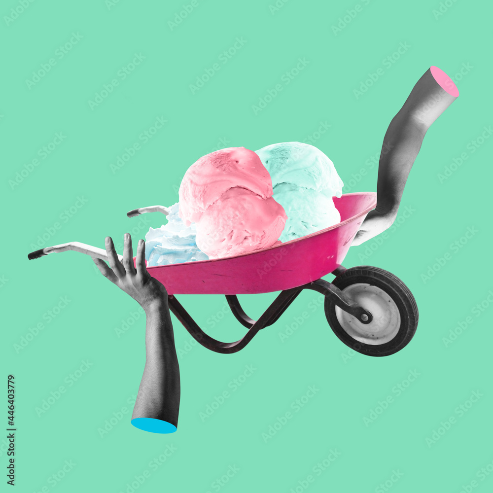 Composition with human hands pushing ice cream cart on light green background. Modern design, contemporary art collage. Inspiration, idea, trendy urban magazine style. - obrazy, fototapety, plakaty 
