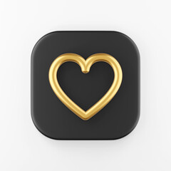Poster - Gold heart contour line icon. 3d rendering black square key button, interface ui ux element.