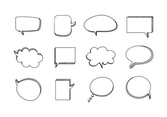 Wall Mural - vector set of 3d talk bubbles drawings, black bubbles drawn on white background, isolated frames.