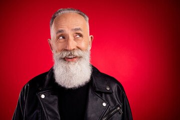 Sticker - Portrait of attractive cheery minded grey-haired man creating solution isolated over bright red color background