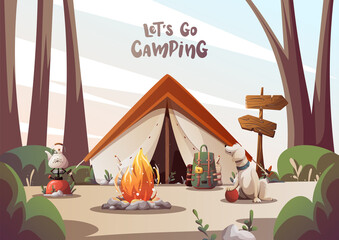Wall Mural - campsite with tent, campfire, backpack, gas-burner, dog in the forest. card design for camping, trav