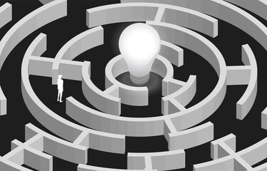 Poster - Silhouette of Businessman in the maze finding way to light bulb. Concept for problem solving,solution strategy and idea.