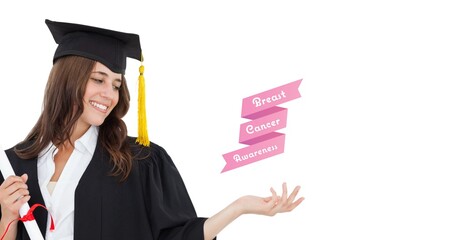 Wall Mural - Composition of smiling female student with breast cancer text on white background