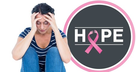 Composition of pink ribbon anchor logo and hope text, with worried woman