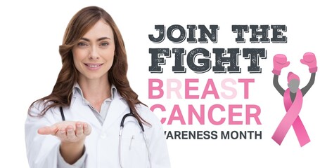 Poster - Composition of smiling female doctor with pink ribbon logo and breast cancer text on white