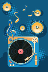 Sticker - Funky colorful musical turntable, notes and loudspeakers